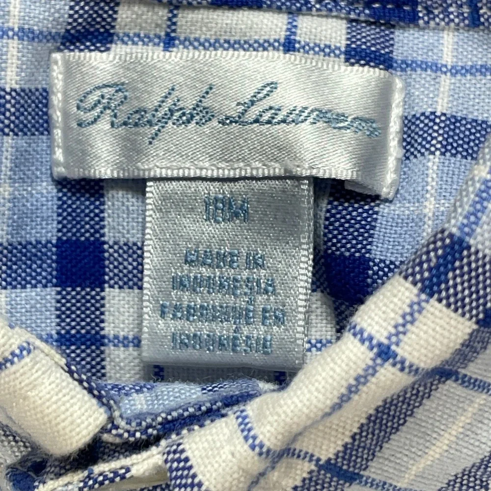 Ralph Lauren Kid's 18M Button Down Long Sleeve Shirt Blue White Plaid Cotton